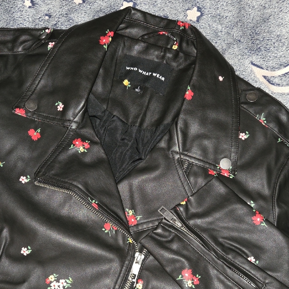 Black Faux Leather Floral Moto Jacket Biker Grunge Goth Vampire Femme Emo Fairy